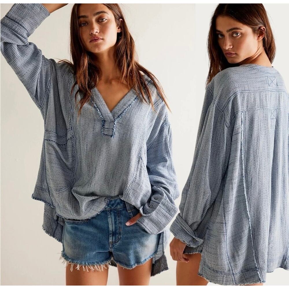 *SOLD* Free People OVERSIZED Coastal Cowgirl By The Shore Indigo Tunic Top L
